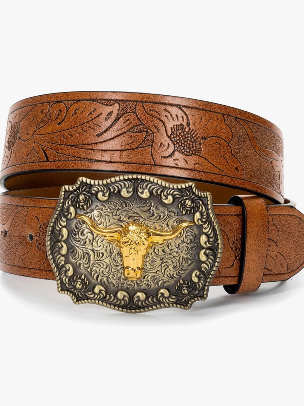Chic Nation Brown Tooled Leather Belt with Gold Western Buckle